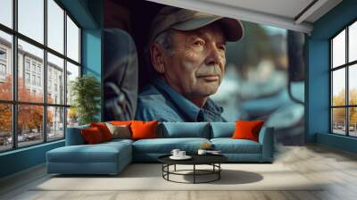 Cargo truck lorry delivery driver elderly senior man standing in van parking concept of driver operator industry transportation logistic transit business, driver occupation and training Wall mural